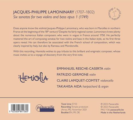 Lamoninary. Six Sonatas For Two Violins And Bass Opus 1 - CD Audio di Hemiolia - 2