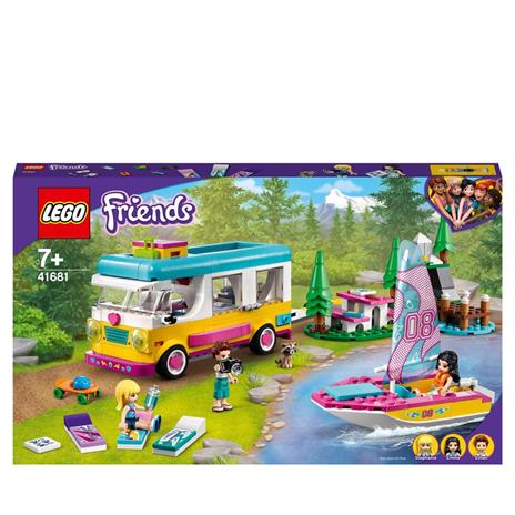 LEGO Friends 41681 Camper Van nel Bosco con Barca a Vela, Playset Giocattolo con Mini Bamboline di Stephanie, Emma ed Ethan