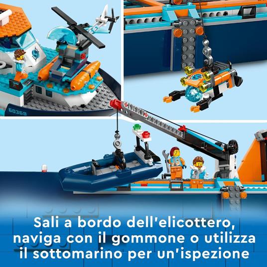 LEGO City 60368 Esploratore Artico, Grande Nave Giocattolo Galleggiante con Elicottero, Gommone, Sottomarino e Relitto Barca - 4