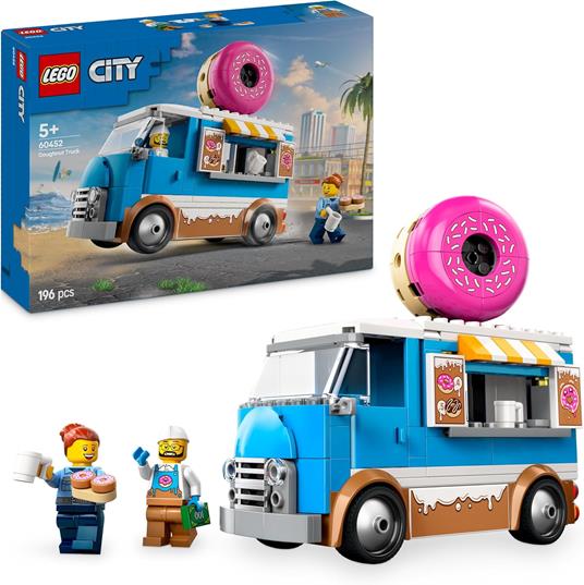 LEGO City 60452 Furgone delle Ciambelle Giocattolo con 2 Minifigure, Giochi Bambini 5+, Veicolo con Stand Gastronomico Mobile