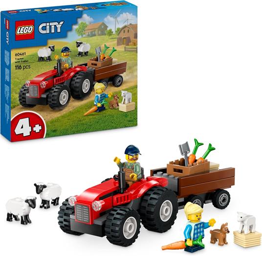 LEGO City 60461 Trattore Agricolo Rosso con Rimorchio e Pecore, Veicolo e Animali Giocattolo, Giochi Montessori Bambini 4+