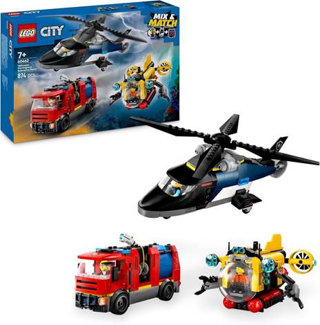 LEGO City 60462 3in1 Elicottero, Autopompa e Sottomarino - Giocattolo Combinabile con 3 Minifigure, Giochi per Bambini 7+