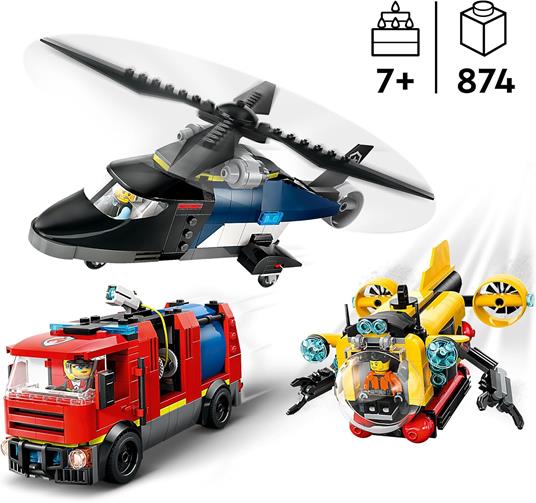 LEGO City 60462 3in1 Elicottero, Autopompa e Sottomarino - Giocattolo Combinabile con 3 Minifigure, Giochi per Bambini 7+ - 2