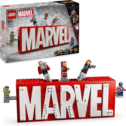 LEGO 76313 Logo e Minifigure MARVEL con Supereroi di Hulk, Thor, Iron Man, Black Widow e Captain America, Giochi Bambini 12+