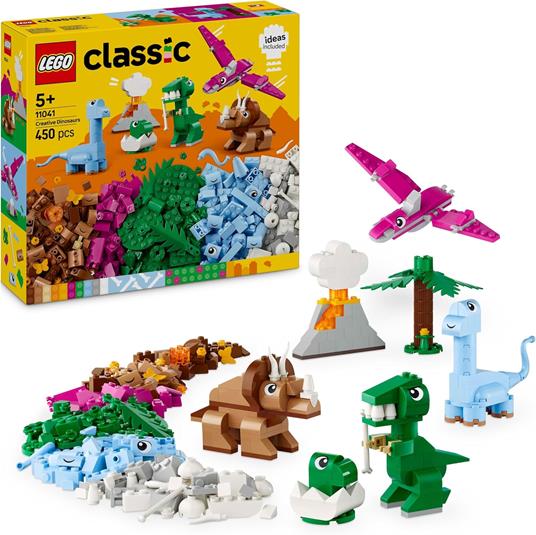 LEGO Classic 11041 Dinosauri Creativi, Giochi Bambini 5+, Colorati Animali Giocattolo da Costruire come T. Rex e Triceratopo
