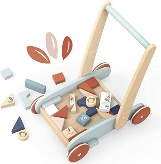 Carrello Primi Passi Cubetti Carrello Primi Passi Legno Montessori Carrello Multi attività a Spinta con Scomparto per Blocchi di Legno