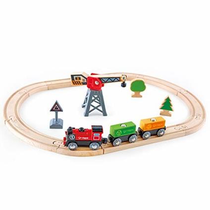 Pista treno con gru e set locomotiva a batteria. Hape E3731