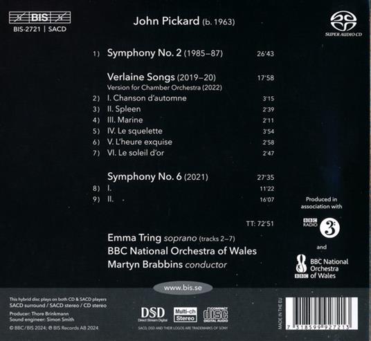 Symphonies 2 & 6, Verlaine Songs - CD Audio di John Pickard - 2