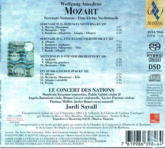 Serenate notturne - SuperAudio CD ibrido di Wolfgang Amadeus Mozart,Jordi Savall,Le Concert des Nations - 2