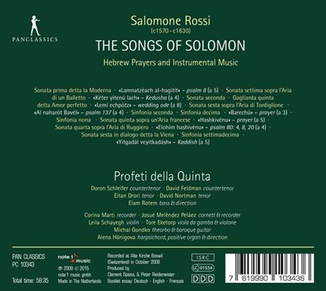 Salomone Rossi - The Songs Of Solomon - - CD Audio di Profeti della Quinta - 2