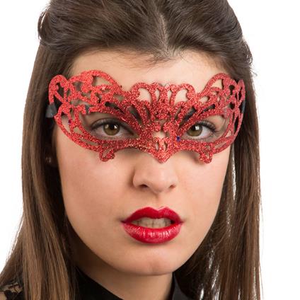 Maschera In Plastica Intagliata con Glitter Rossi In Busta con Cav.