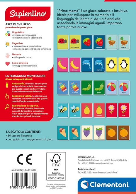 Clementoni Sapientino Baby Montessori - Carte Primo Memo, Gioco di Memoria Educativo Bambini 1-3 Anni, Carte Tattili - 3