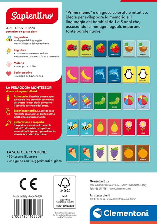 Clementoni Sapientino Baby Montessori - Carte Primo Memo, Gioco di Memoria Educativo Bambini 1-3 Anni, Carte Tattili - 3