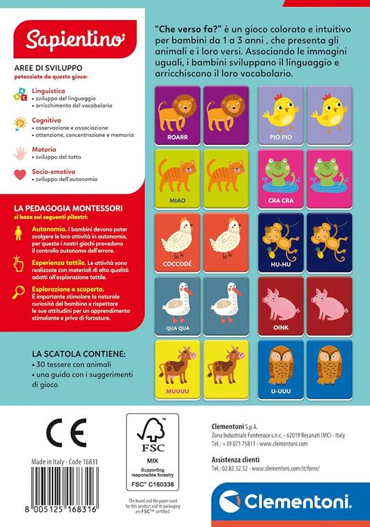 Clementoni Sapientino Montessori - Che Verso Fa, Gioco Educativo, 30 Flashcards Montessori per Bambini 1-3 Anni - 3