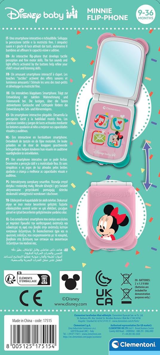 Clementoni Disney Baby - Minnie Flip Phone, Telefono Bambini 9-36 Mesi, Centro attività con 4 Tasti per Stimolare Il Gioco - 3