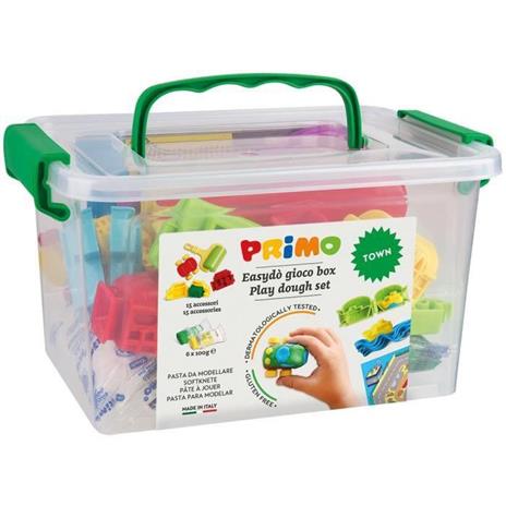 PRIMO 290CITYGF Kit plastilina senza glutine, astuccio contenente 6 bastoncini e 13 accessori “city”.