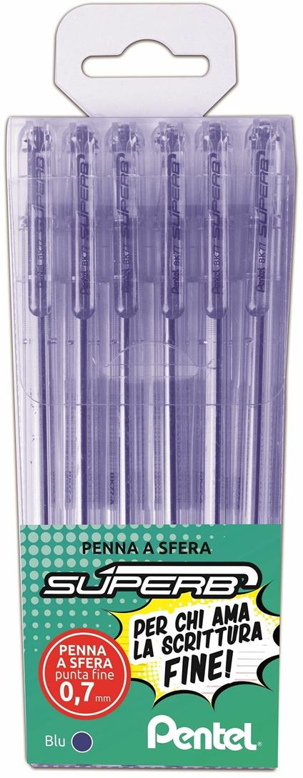 Penna a sfera Superb BK77 inchiostro blu, punta fine 0.7. Confezione 5 pezzi