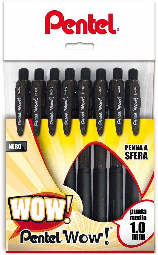 Penna a sfera a scatto Pentel Wow BK440 inchiostro nero, punta media 1.0. Confezione 8 pezzi