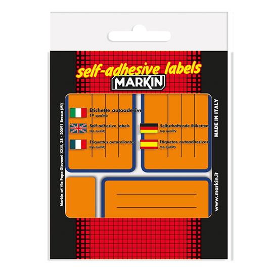 Etichette per quaderni e libri permanenti Markin Arancione fluo bordate con righe. Busta 10 etichette