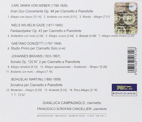 Musica per clarinetto - CD Audio di Johannes Brahms,Gaetano Donizetti,Carl Maria Von Weber,Gianluca Campagnolo - 2