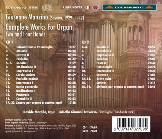 Musica per organo a 2 e a 4 mani completa - CD Audio di Davide Merello,Giuseppe Manzino - 2