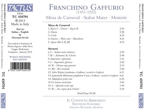 Missa de Carneval - Stabat Mater - Mottetti - CD Audio di Franchino Gaffurio - 2