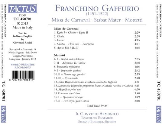 Missa de Carneval - Stabat Mater - Mottetti - CD Audio di Franchino Gaffurio - 2