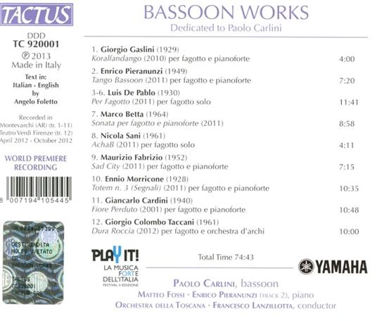 Musica per fagotto - CD Audio di Enrico Pieranunzi,Orchestra della Toscana,Paolo Carlini - 2
