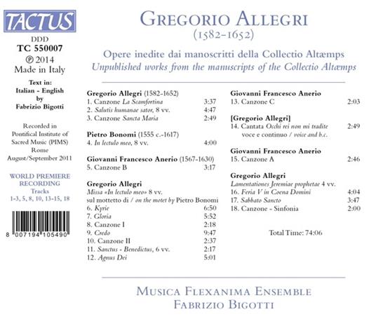 Opere inedite dai manoscritti della Collectio Altemps - CD Audio di Gregorio Allegri - 2