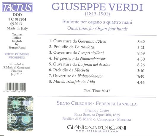 Sinfonie per organo a quattro mani - CD Audio di Giuseppe Verdi,Federica Iannella,Silvio Celeghin - 2