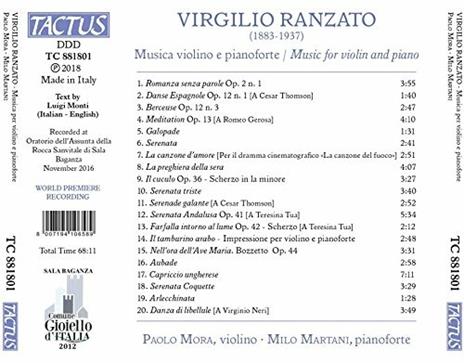 Musica per violino e pianoforte - CD Audio di Virgilio Ranzato,Paolo Mora,Milo Martani - 2