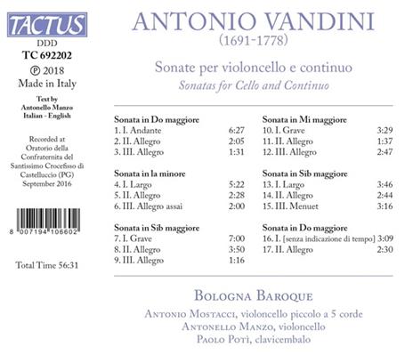 Sonate per violoncello e continuo - CD Audio di Antonio Vandini,Bologna Baroque Ensemble - 2
