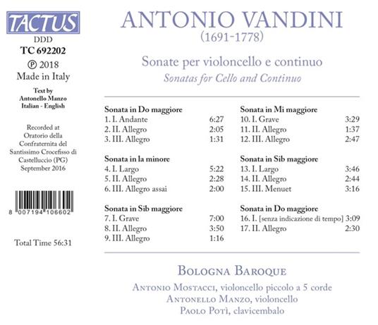 Sonate per violoncello e continuo - CD Audio di Antonio Vandini,Bologna Baroque Ensemble - 2