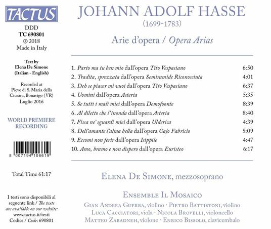 Arie d'opera - CD Audio di Johann Adolph Hasse,Mosaico,Elena de Simone - 2