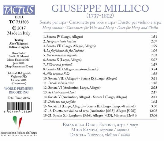 Sonate per arpa - Canzonette per voce e arpa - CD Audio di Manuela Degli Esposti,Giuseppe Millico - 2