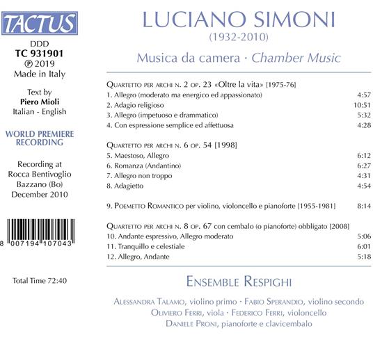 Musica da camera - CD Audio di Ensemble Respighi,Luciano Simoni - 2