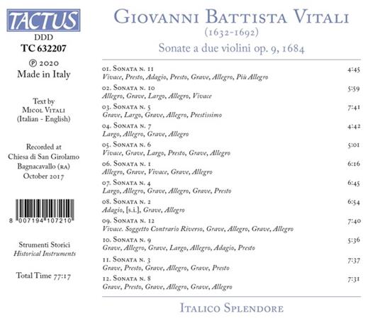 Sonate a due violini op.9 - CD Audio di Giovanni Battista Vitali,Italico Splendore - 2
