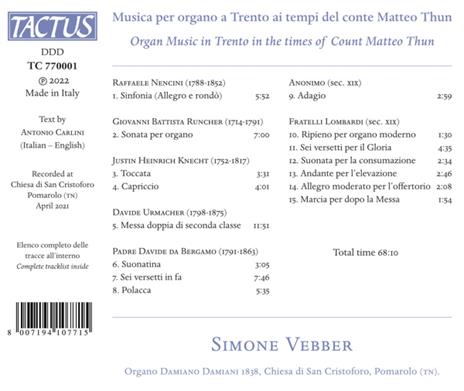 Musica per organo a Trento ai tempi del Conte Matteo Thun - CD Audio di Simone Vebber - 2