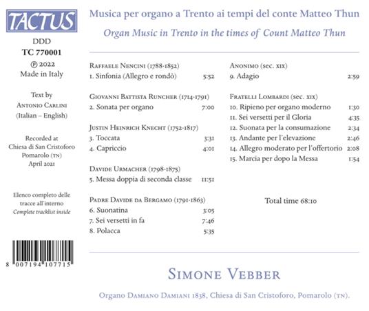 Musica per organo a Trento ai tempi del Conte Matteo Thun - CD Audio di Simone Vebber - 2
