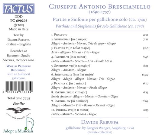 Partite e Sinfonie per Gallichone Solo - CD Audio di Giuseppe Antonio Brescianello,Davide Rebuffa - 2