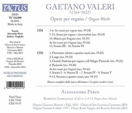 Musica per organo - CD Audio di Gaetano Valeri,Alessandro Perin - 2