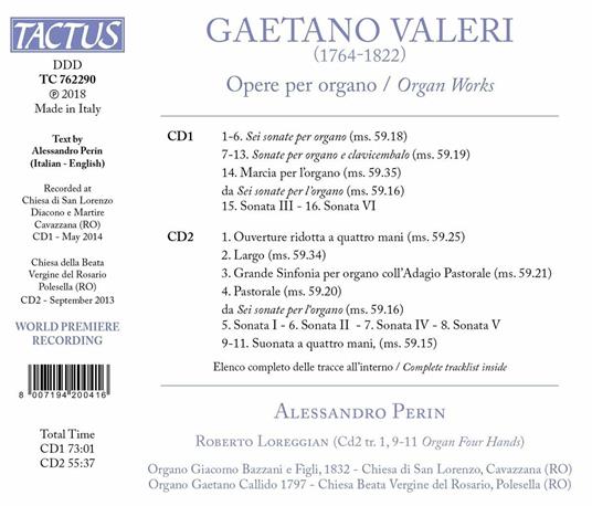 Musica per organo - CD Audio di Gaetano Valeri,Alessandro Perin - 2