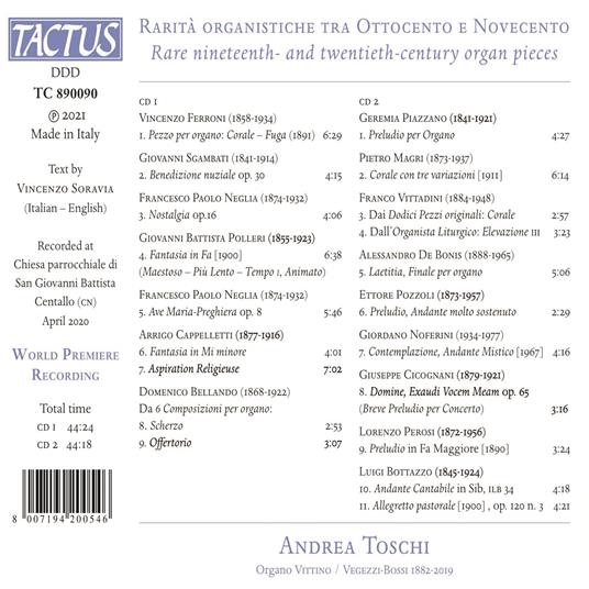 Rarità Organistiche Tra Ottocento E Novecento - CD Audio di Andrea Toschi - 2