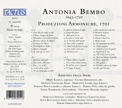 Produzioni armoniche, 1701 - CD Audio di Antonia Bembo,Armonia delle Sfere - 2