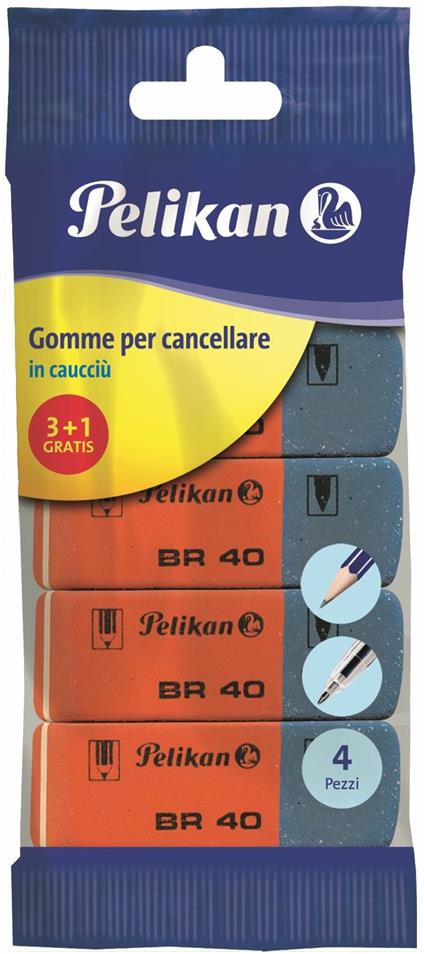 Gomma Pelikan BR40 in caucciù per matita e inchiostro. Confezione 4 pezzi (3+1 omaggio)
