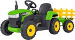 E-Spidko Trattore elettrico 12V 7AH con rimorchio colore verde, mis. 137 x 50 x 52 cm, accensione con effetti sonori reali, clacson funzionante, retromarcia, Fari LED anteriori, rimorchio staccabile, portata massima 30kg, durata batterie 1 ora