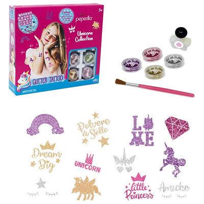 Peperilla - Glitter Tattoo Deluxe set tatuaggi con 4 glitter in polvere, colla, 2 applicatori, 12 stencil da 2 tatuaggi (24 tatuaggi totali)misura confezione 21 x 19 x 4 cm