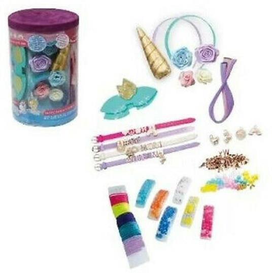 Peperilla - Maxi Barattolone Unicornicon 2 cerchietti, orecchie glitterate, extension arcobaleno, corno, bracialetti, perline e accessorimisura barattolone diam. 17 H 26 cm