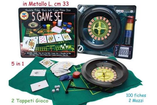 Gioco Casino Set 5 In 1 Luxury. 2 Mazzi, Roulette, 100 Fiches, Dadi, 2 Tappeti