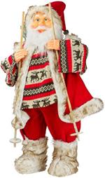 Decorazione Natalizia Babbo Natale con Sacco Doni e Scii 80cm Rosso